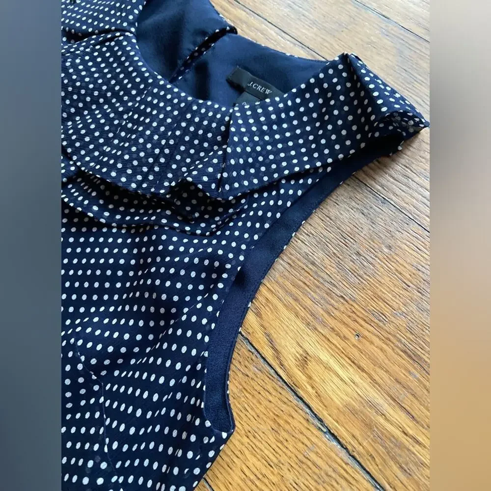 JCREW Navy Blue Polka Dotted Sleeveless Ruffle Collar Silk Blouse sz 0